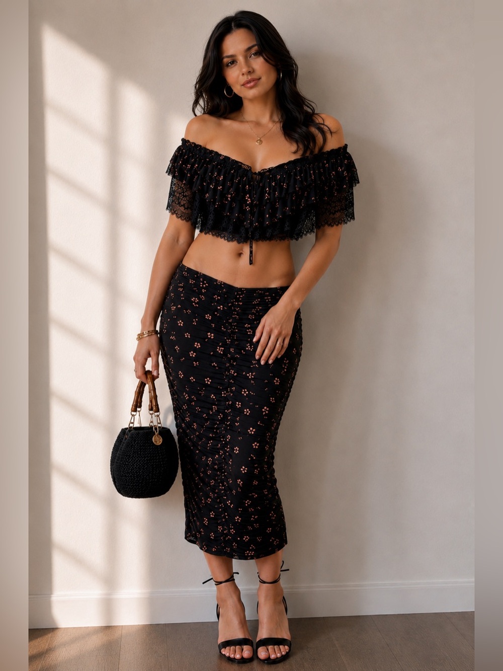 🆕 AFRM | Off-Shoulder Black Floral Top & Midi Skirt Set
